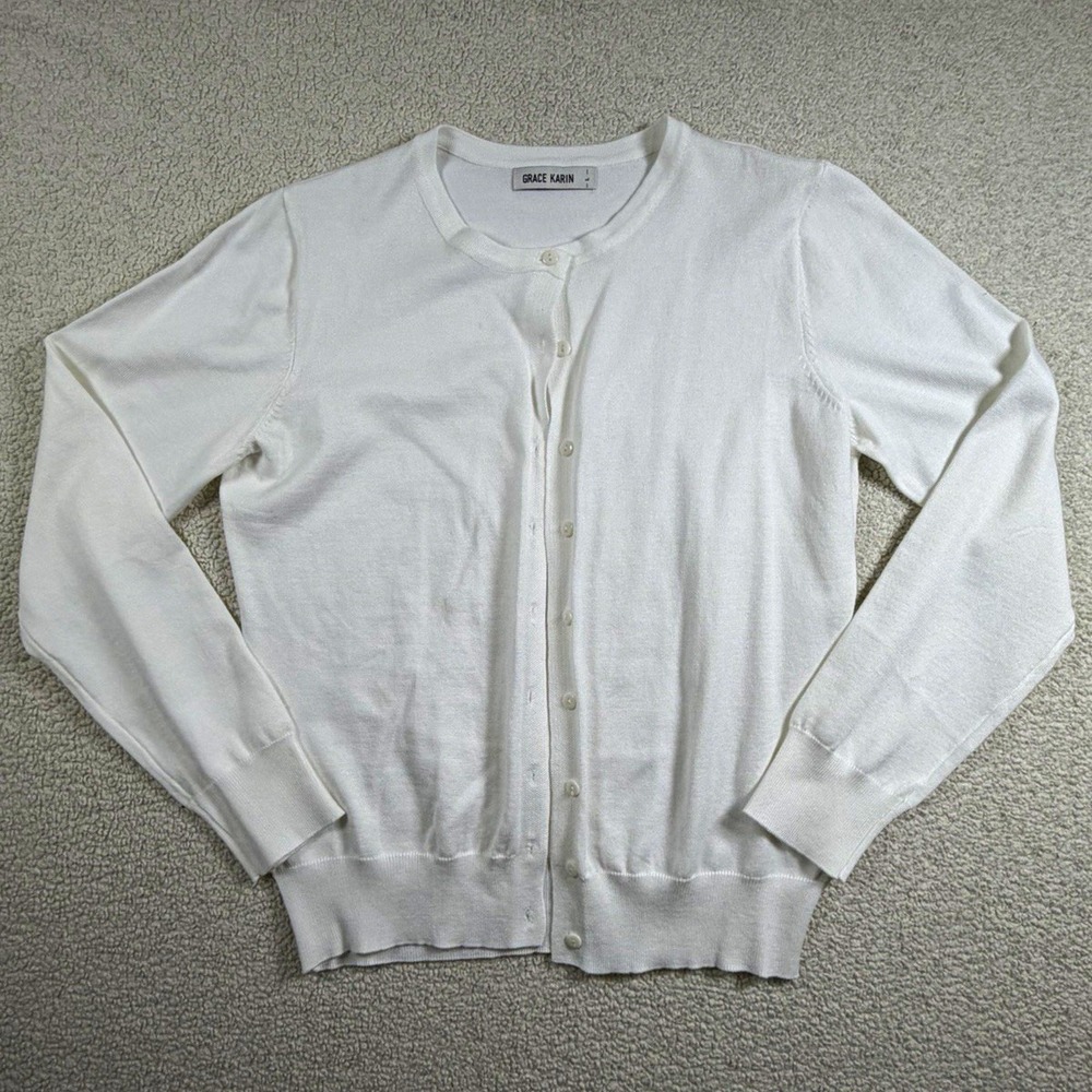 Grace Karin Womens Large White Cardigan Sweater Viscose Button Front Long Sleeve